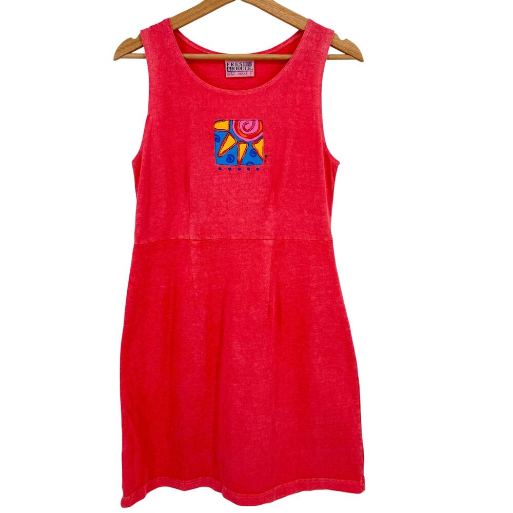 Fresh Produce Pink Sleeveless Dress Sz S Sun Graphic 100% Cotton USA Style 1058